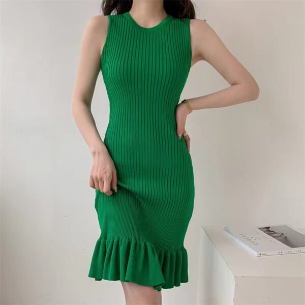 Robe longue d'été tricotée en forme de feuille de lotus, queue de poisson, slim, sans manches, nouvelle collection, gilet à bascule – Image 4