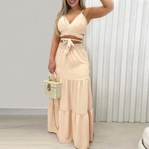 Vêtements pour femmes de grande taille, été nouveauté gilet à lacets taille haute jupe longue mi-longue mode costume décontracté – Image 7