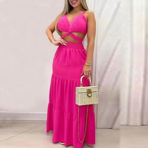Vêtements pour femmes de grande taille, été nouveauté gilet à lacets taille haute jupe longue mi-longue mode costume décontracté – Image 6