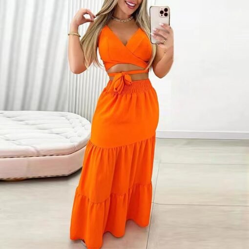 Vêtements pour femmes de grande taille, été nouveauté gilet à lacets taille haute jupe longue mi-longue mode costume décontracté – Image 5