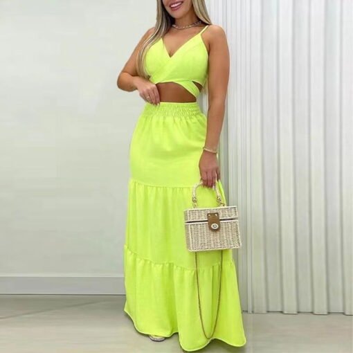 Vêtements pour femmes de grande taille, été nouveauté gilet à lacets taille haute jupe longue mi-longue mode costume décontracté – Image 3
