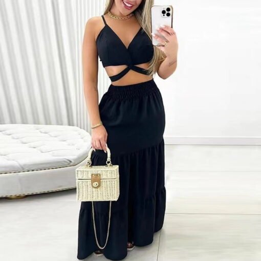 Vêtements pour femmes de grande taille, été nouveauté gilet à lacets taille haute jupe longue mi-longue mode costume décontracté – Image 2