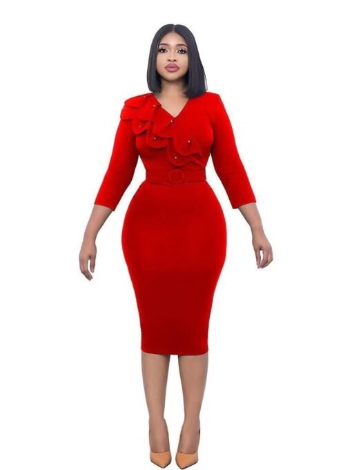 Robe pour femmes, tempérament africain, élégante, à volants perlés, col en v, jupe de hanche, robe européenne et américaine – Image 5