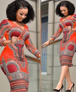 Robe imprimée à la mode, taille cintrée, style ethnique pour femmes. Jupe moulante, col en V, ajustée en ligne A. Vêtements africains pour femmes