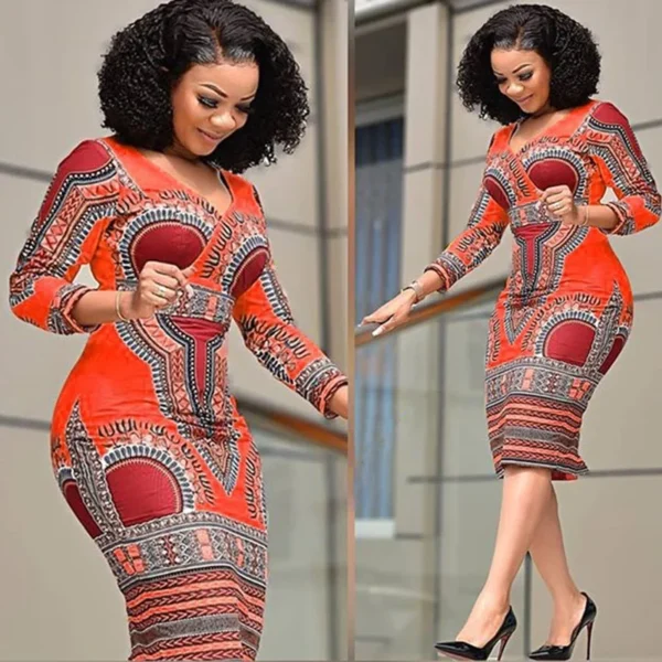 Robe imprimée à la mode, taille cintrée, style ethnique pour femmes. Jupe moulante, col en V, ajustée en ligne A. Vêtements africains pour femmes
