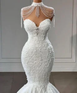 High Neck Mermaid Wedding Dresses Princess Lace Crystal Luxury Satin Elegant Appliques Sleeveless Bridal Gowns Robe De Mariage
