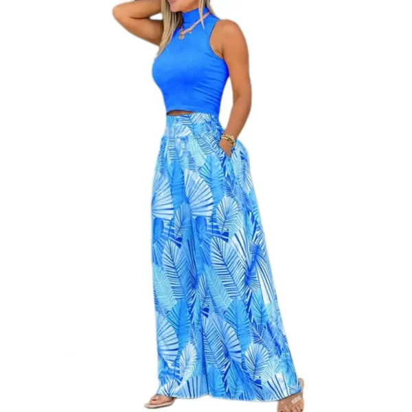 Ensemble pantalon large et haut imprimé floral pour femmes. Ensemble de vacances avec crop top et pantalon à jambes larges, taille haute, idéal pour la plage – Image 5