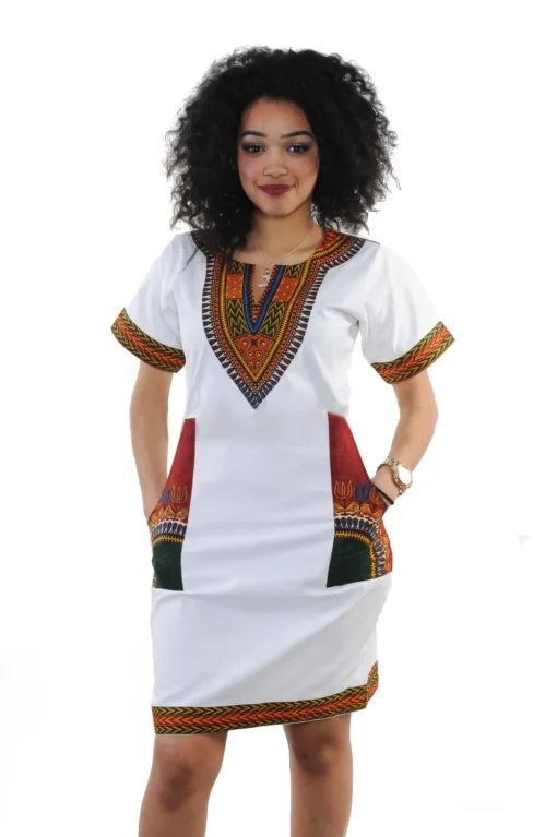 Robe africaine pour femmes, été  style mode. Robe à manches courtes, col en V, en polyester, longueur genou – Image 4