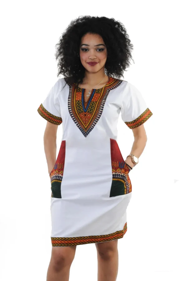 Robe africaine pour femmes, été  style mode. Robe à manches courtes, col en V, en polyester, longueur genou – Image 4