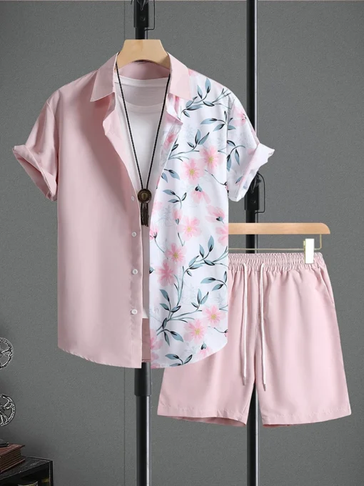 Men's Short-sleeved Shirt And Beach Shorts Set Flamingo Print Stylish Men's Casual Shirt Summer Vacation Party Men's Shorts – Image 3