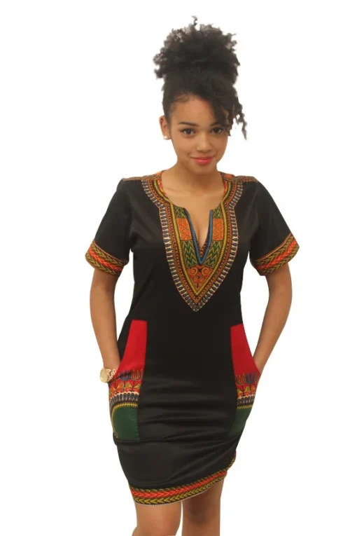 Robe africaine pour femmes, été  style mode. Robe à manches courtes, col en V, en polyester, longueur genou – Image 6