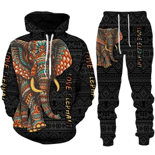 Autumn African Elephant 3D Printed Hoodie Suit Men Sweatshirts Sweatpants Casual Fashion Two Piece Tracksuit Set Men's Clothing – Image 2