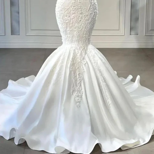 High Neck Mermaid Wedding Dresses Princess Lace Crystal Luxury Satin Elegant Appliques Sleeveless Bridal Gowns Robe De Mariage – Image 4