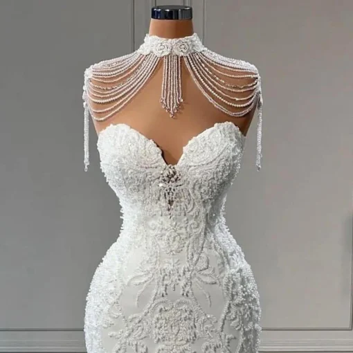 High Neck Mermaid Wedding Dresses Princess Lace Crystal Luxury Satin Elegant Appliques Sleeveless Bridal Gowns Robe De Mariage – Image 5