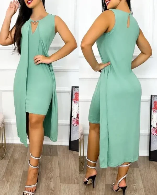 Robes pour Femmes 2024 Été, Mode avec Col Trou de Serrure, Sans Manches, Découpe avec Anneau Décoratif, Fente Asymétrique, Robe Décontractée – Image 5