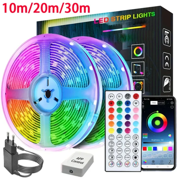 Bandes LED pour chambre avec synchronisation musicale, ruban LED RGB 10m, 20m, 30m flexible pour décoration de chambre, éclairage d'ambiance et rétroéclairage de TV