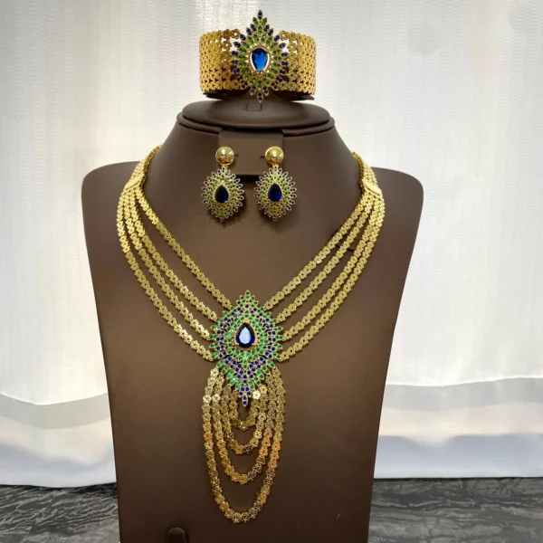 Parure de Bijoux de Luxe Africaine Dubaï 4 Pièces pour Femme, Plaquée Or avec Zircon Cubique, Accessoires de Mariée Indienne pour Mariage