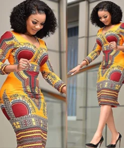 Alternative view of Robe imprimée à la mode, taille cintrée, style ethnique pour femmes. Jupe moulante, col en V, ajustée en ligne A. Vêtements africains pour femmes