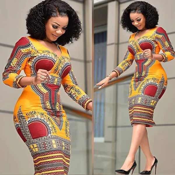 Robe imprimée à la mode, taille cintrée, style ethnique pour femmes. Jupe moulante, col en V, ajustée en ligne A. Vêtements africains pour femmes – Image 2