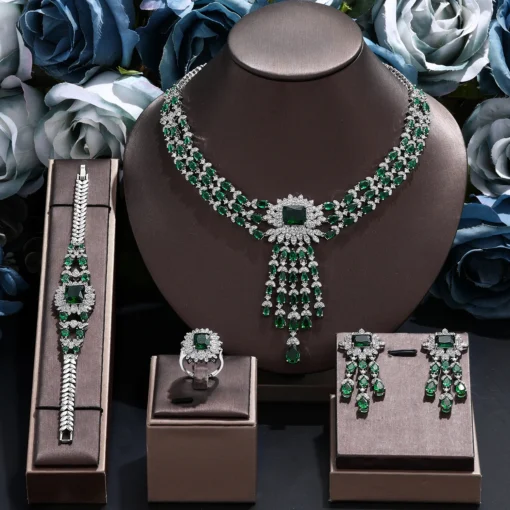 Ensembles Complet de Bijoux pour Femmes, 4 Pièces de Luxe, Colliers de Mariage en Cristal CZ de Dubaï et du Nigéria, Spécial Fêtes.