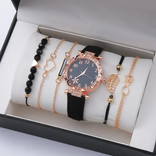 6PCS Set Watch For Women Luxury Leather Analog Ladies Quartz Wrist Watch Fashion Bracelet Watch Set Female Relogio Feminino – Image 2