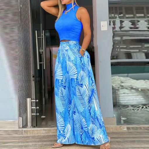 Ensemble pantalon large et haut imprimé floral pour femmes. Ensemble de vacances avec crop top et pantalon à jambes larges, taille haute, idéal pour la plage