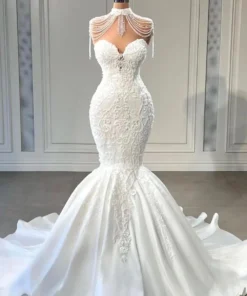 Alternative view of High Neck Mermaid Wedding Dresses Princess Lace Crystal Luxury Satin Elegant Appliques Sleeveless Bridal Gowns Robe De Mariage