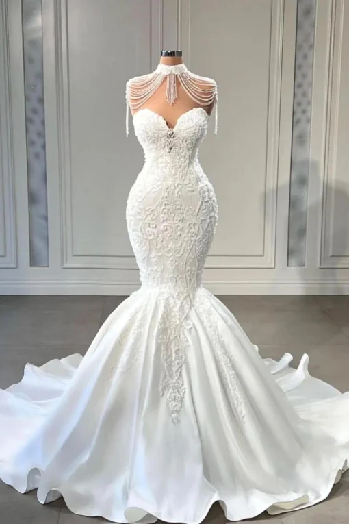 High Neck Mermaid Wedding Dresses Princess Lace Crystal Luxury Satin Elegant Appliques Sleeveless Bridal Gowns Robe De Mariage – Image 2
