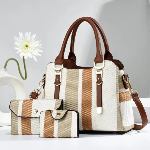 3 Piece Set Women's Bag 2024 Summer New Large Women's Handbag with Wallet Vertical Stripes Women's Shoulder Crossbody Bags – Image 2