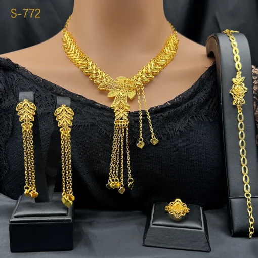 Dubai Ethiopian 24K Gold Color Bridal Jewelry Set For Women Nigerian Long Tassel Necklace Bracelet Earring Ring Sets Party Gift – Image 2