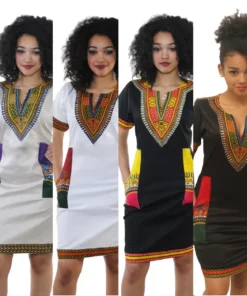 Robe africaine pour femmes, été  style mode. Robe à manches courtes, col en V, en polyester, longueur genou