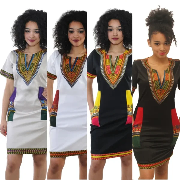 Robe africaine pour femmes, été  style mode. Robe à manches courtes, col en V, en polyester, longueur genou