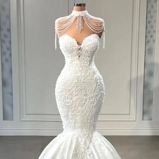 High Neck Mermaid Wedding Dresses Princess Lace Crystal Luxury Satin Elegant Appliques Sleeveless Bridal Gowns Robe De Mariage – Image 3