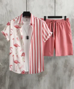 Men's Short-sleeved Shirt And Beach Shorts Set Flamingo Print Stylish Men's Casual Shirt Summer Vacation Party Men's Shorts