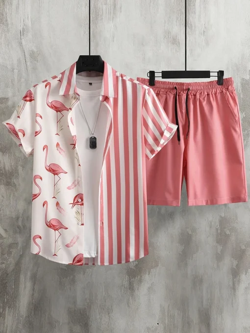 Men's Short-sleeved Shirt And Beach Shorts Set Flamingo Print Stylish Men's Casual Shirt Summer Vacation Party Men's Shorts