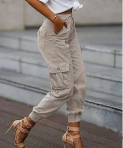 Pantalon Femme Cargo Décontracté Taille Haute avec Poches