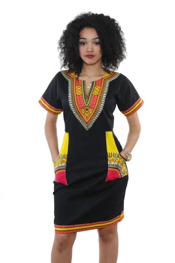 Robe africaine pour femmes, été  style mode. Robe à manches courtes, col en V, en polyester, longueur genou – Image 5