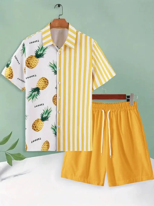 Men's Short-sleeved Shirt And Beach Shorts Set Flamingo Print Stylish Men's Casual Shirt Summer Vacation Party Men's Shorts – Image 4
