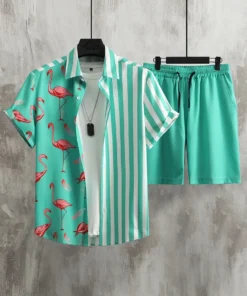 Alternative view of Men's Short-sleeved Shirt And Beach Shorts Set Flamingo Print Stylish Men's Casual Shirt Summer Vacation Party Men's Shorts