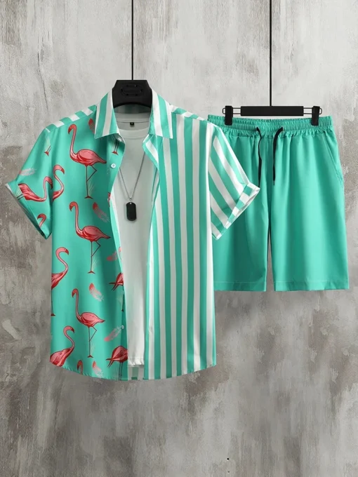 Men's Short-sleeved Shirt And Beach Shorts Set Flamingo Print Stylish Men's Casual Shirt Summer Vacation Party Men's Shorts – Image 2