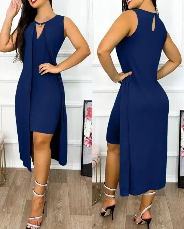 Robes pour Femmes 2024 Été, Mode avec Col Trou de Serrure, Sans Manches, Découpe avec Anneau Décoratif, Fente Asymétrique, Robe Décontractée – Image 6