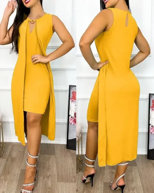 Robes pour Femmes 2024 Été, Mode avec Col Trou de Serrure, Sans Manches, Découpe avec Anneau Décoratif, Fente Asymétrique, Robe Décontractée – Image 3