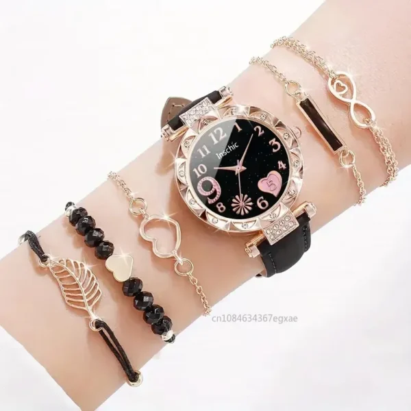 6PCS Set Watch For Women Luxury Leather Analog Ladies Quartz Wrist Watch Fashion Bracelet Watch Set Female Relogio Feminino – Image 3