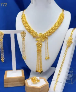 Dubai Ethiopian 24K Gold Color Bridal Jewelry Set For Women Nigerian Long Tassel Necklace Bracelet Earring Ring Sets Party Gift