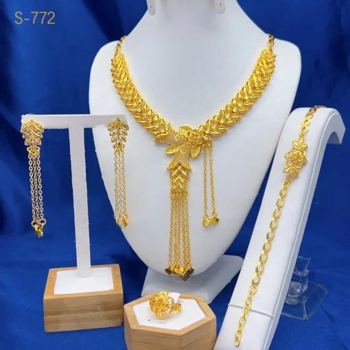 Dubai Ethiopian 24K Gold Color Bridal Jewelry Set For Women Nigerian Long Tassel Necklace Bracelet Earring Ring Sets Party Gift