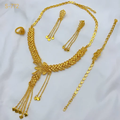 Dubai Ethiopian 24K Gold Color Bridal Jewelry Set For Women Nigerian Long Tassel Necklace Bracelet Earring Ring Sets Party Gift – Image 3