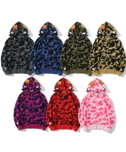 camouflage tendance avec motif requin, 100 % coton, pour hommes et femmes. Fine broderie, coupe ample en coton pur, avec capuche en peluche