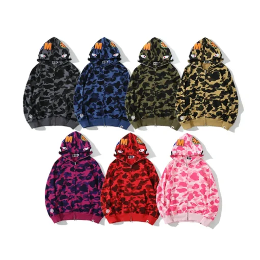 camouflage tendance avec motif requin, 100 % coton, pour hommes et femmes. Fine broderie, coupe ample en coton pur, avec capuche en peluche