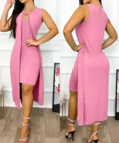 Robes pour Femmes 2024 Été, Mode avec Col Trou de Serrure, Sans Manches, Découpe avec Anneau Décoratif, Fente Asymétrique, Robe Décontractée