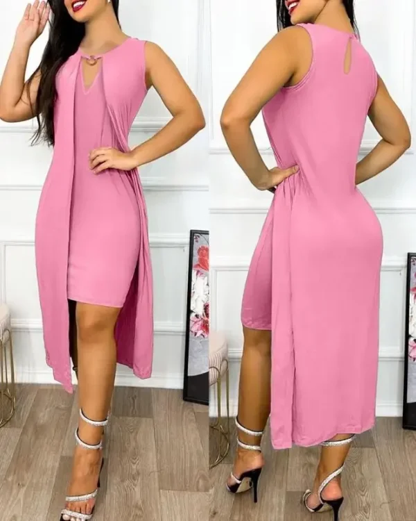 Robes pour Femmes 2024 Été, Mode avec Col Trou de Serrure, Sans Manches, Découpe avec Anneau Décoratif, Fente Asymétrique, Robe Décontractée